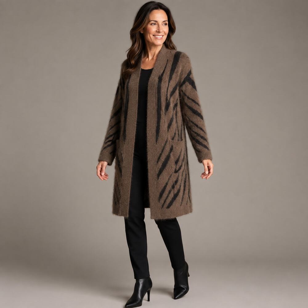 Max Mara Zebra Mohair Blend Long Cardigan Sweater XL Brown Black